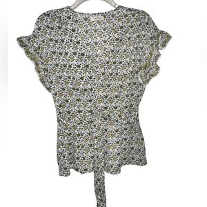 Max Studio Floral Faux Wrap Blouse V Neck Flutter‎ Sleeve Smocked Waist Top S